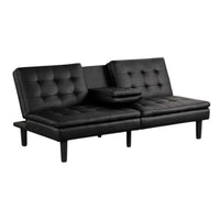 Berie Futon Sofa Bed, Drop-Down Tray, Cupholder, Black Faux Leather - BM339456