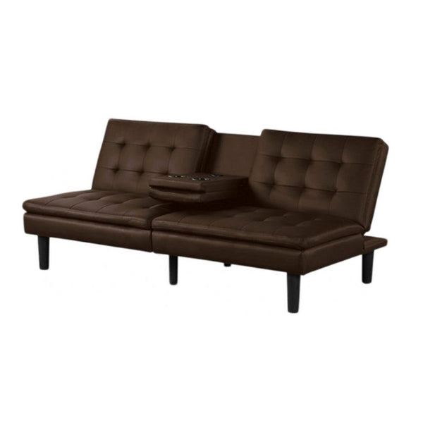 Berie Futon Sofa Bed, Drop-Down Tray and Cupholder, Brown Faux Leather - BM339457