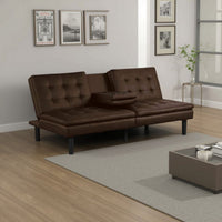 Berie Futon Sofa Bed, Drop-Down Tray and Cupholder, Brown Faux Leather - BM339457