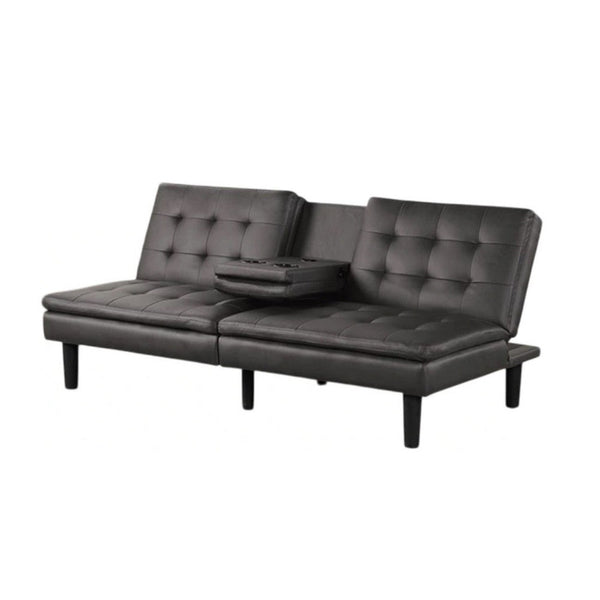 Berie Futon Sofa Bed, Drop-Down Tray and Cupholder, Gray Faux Leather - BM339458