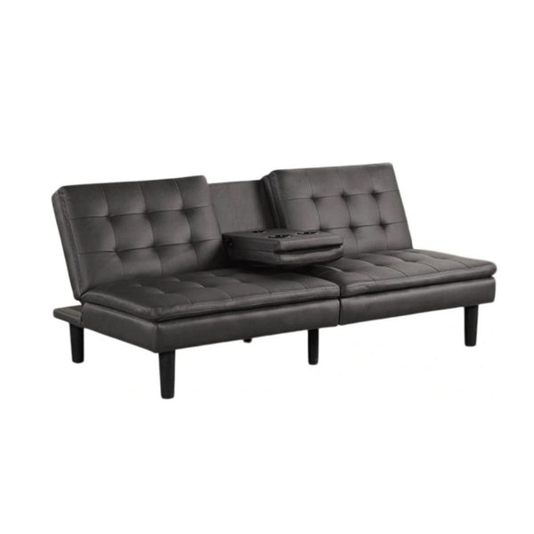 Berie Futon Sofa Bed, Drop-Down Tray and Cupholder, Gray Faux Leather - BM339458