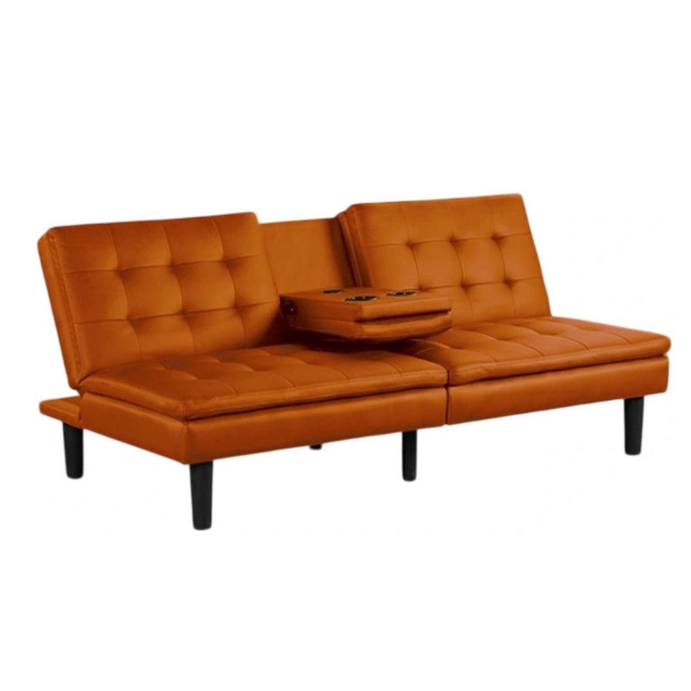 Berie Futon Sofa Bed, Drop-Down Tray, Cupholders, Orange Faux Leather - BM339459