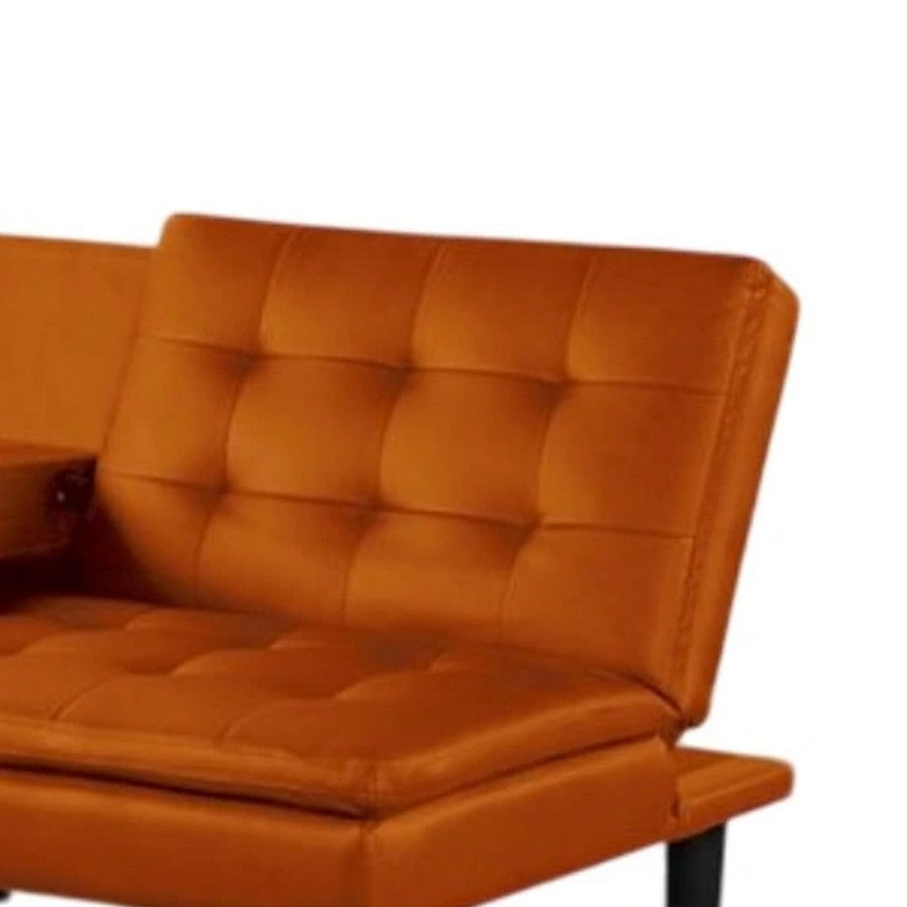 Berie Futon Sofa Bed, Drop-Down Tray, Cupholders, Orange Faux Leather