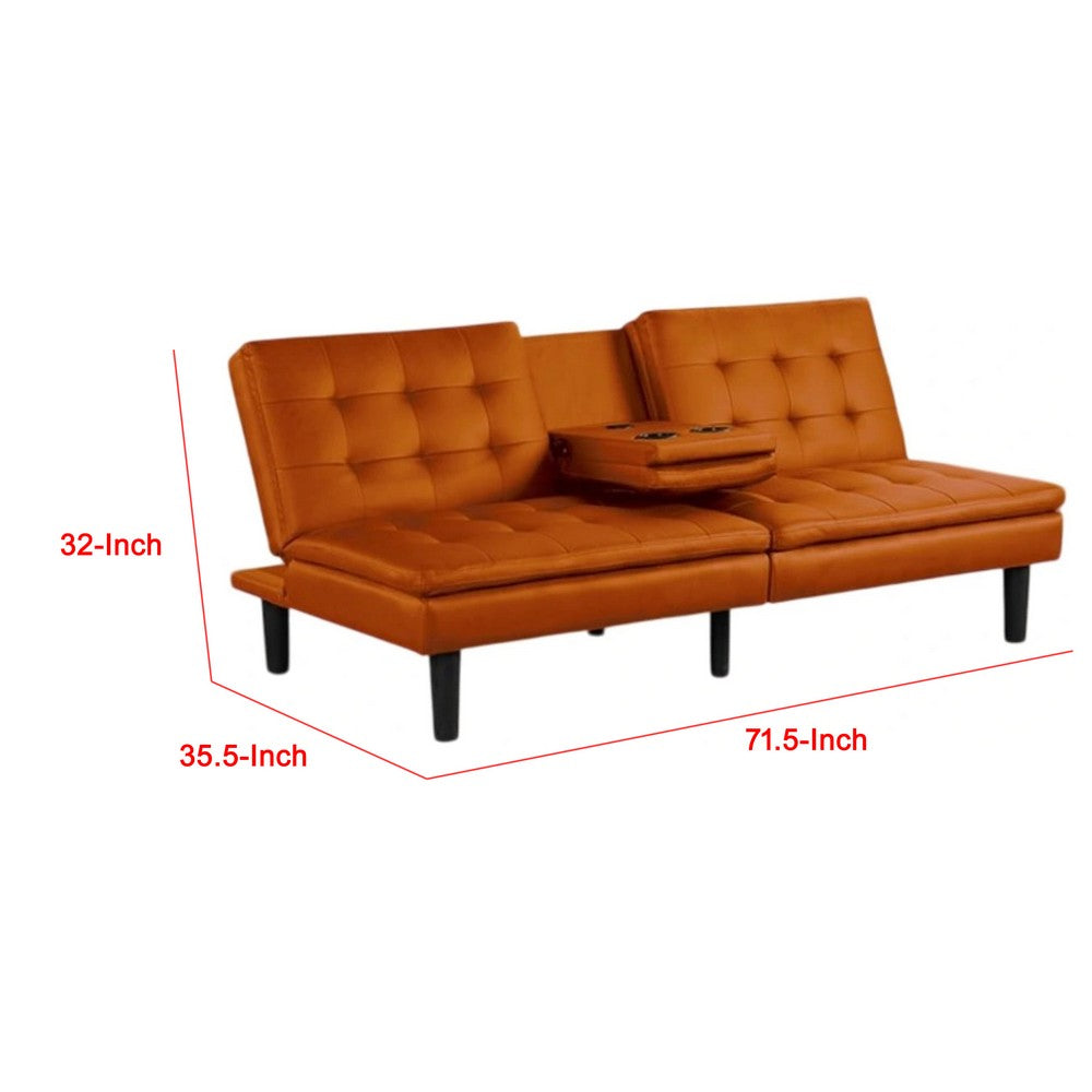 Berie Futon Sofa Bed, Drop-Down Tray, Cupholders, Orange Faux Leather - BM339459