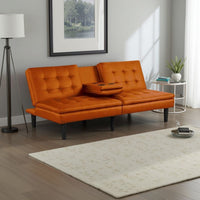 Berie Futon Sofa Bed, Drop-Down Tray, Cupholders, Orange Faux Leather - BM339459