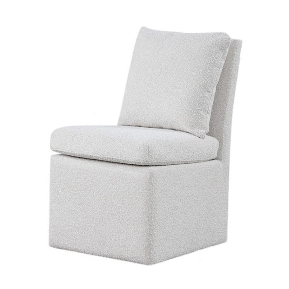 Ager Side Dining Chair with 6 Caster Wheels, Barrel Style, White Boucle - BM339461