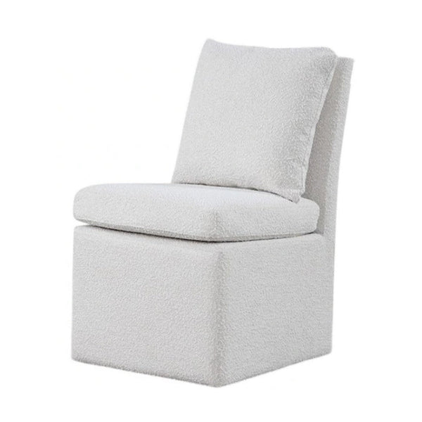 Ager Side Dining Chair with 6 Caster Wheels, Barrel Style, White Boucle - BM339461