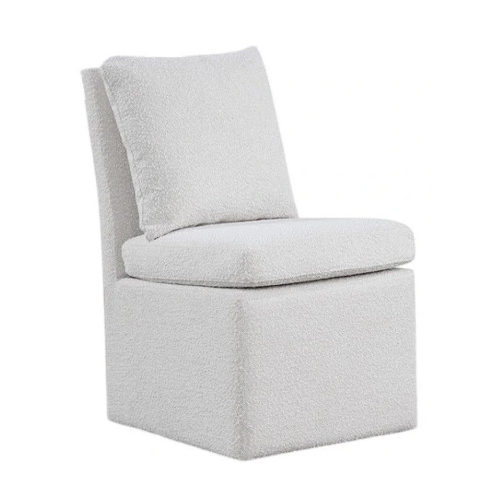 Ager Side Dining Chair with 6 Caster Wheels, Barrel Style, White Boucle - BM339461