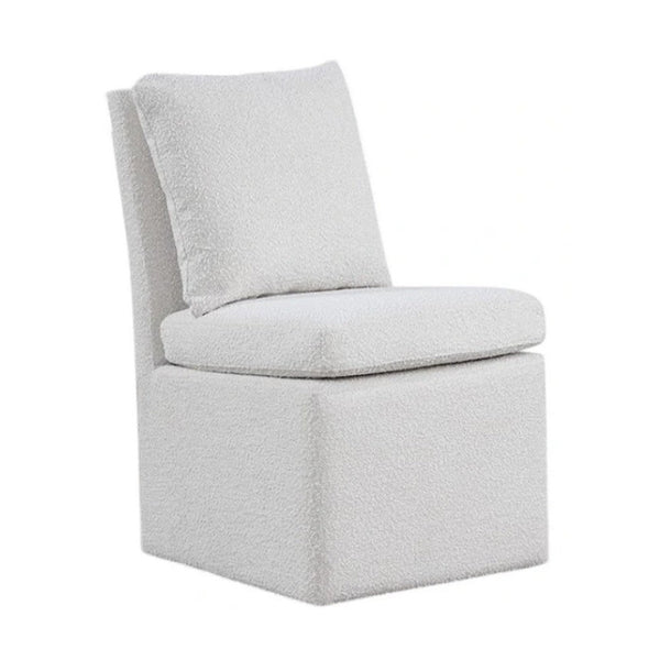 Ager Side Dining Chair with 6 Caster Wheels, Barrel Style, White Boucle - BM339461