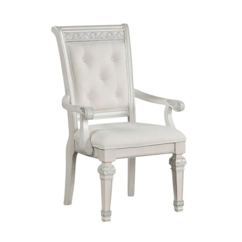 Miamy Dining Armchair Set of 2, Solid Wood, Ivory Button Tufted Fabric - BM339464