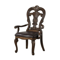 Leova Armchair Set of 2, Ornate Corbels, Dark Brown Wood, Faux Leather - BM339468