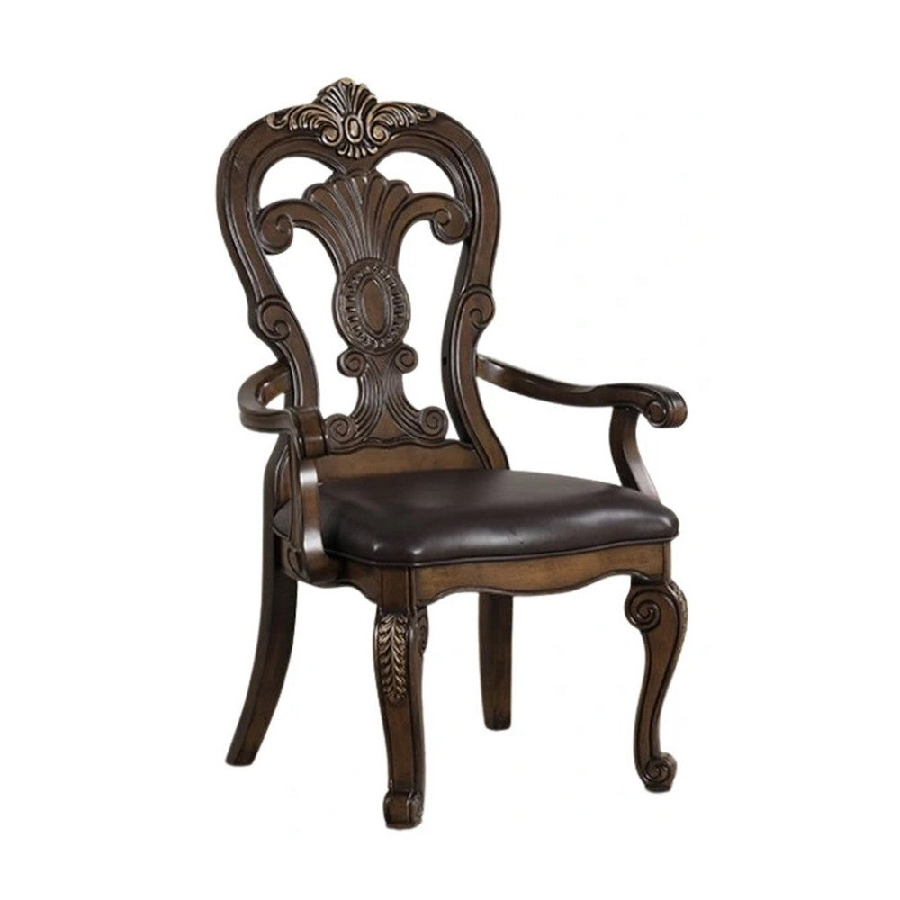 Leova Armchair Set of 2, Ornate Corbels, Dark Brown Wood, Faux Leather - BM339468