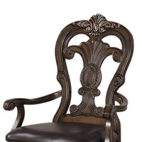 Leova Armchair Set of 2, Ornate Corbels, Dark Brown Wood, Faux Leather - BM339468