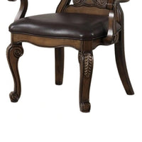Leova Armchair Set of 2, Ornate Corbels, Dark Brown Wood, Faux Leather - BM339468