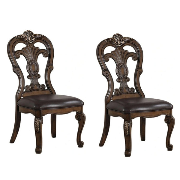 Leova Side Dining Chair Set of 2, Carved Corbels, Gold Tip Crown, Brown Wood - BM339469
