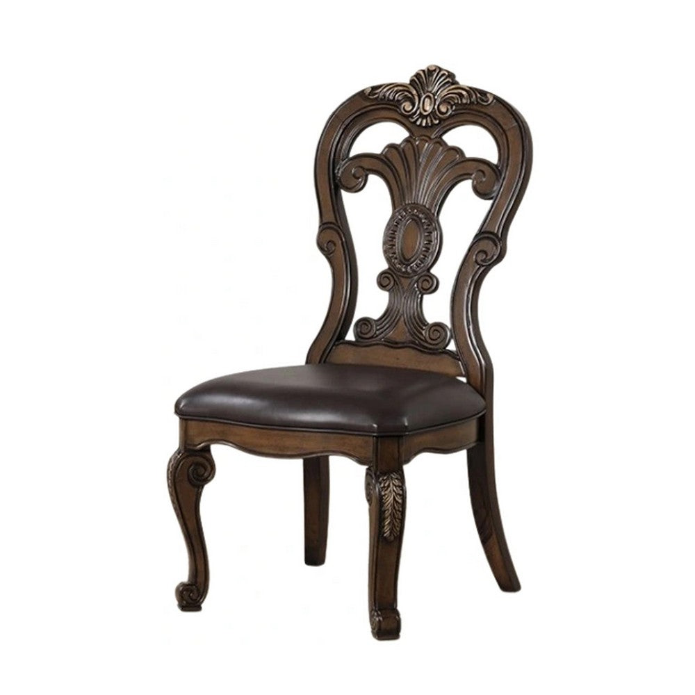 Leova Side Dining Chair Set of 2, Carved Corbels, Gold Tip Crown, Brown Wood - BM339469