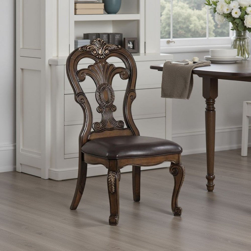 Leova Side Dining Chair Set of 2, Carved Corbels, Gold Tip Crown, Brown Wood - BM339469