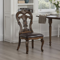 Leova Side Dining Chair Set of 2, Carved Corbels, Gold Tip Crown, Brown Wood - BM339469