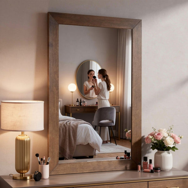 Roma Dresser Mirror, 39 Inch Rectangular Frame, Walnut Brown Solid Wood - BM339474