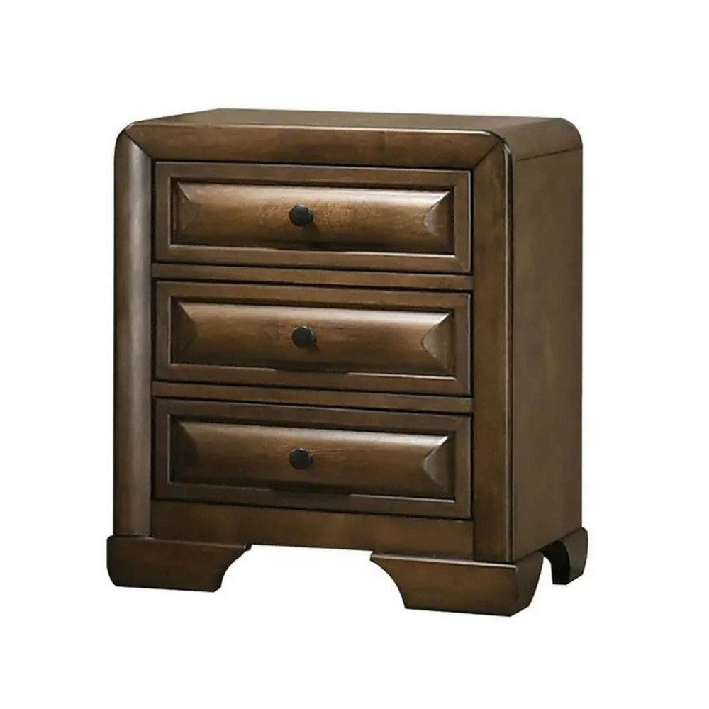 Cair Nightstand w 3 Beveled Drawers, Bronze Metal Knobs, Brown Wood - BM339477