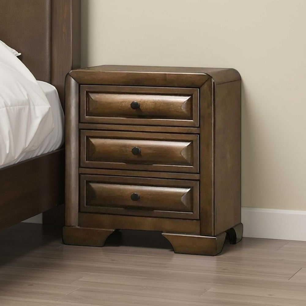 Cair Nightstand w 3 Beveled Drawers, Bronze Metal Knobs, Brown Wood - BM339477