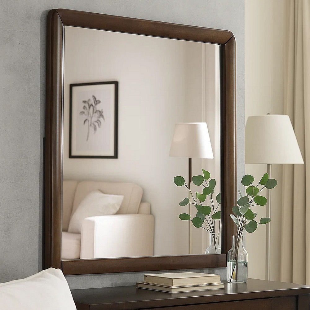 Cair Dresser Mirror, 32 Inch Rectangular Frame, Round Edges, Brown Wood - BM339478