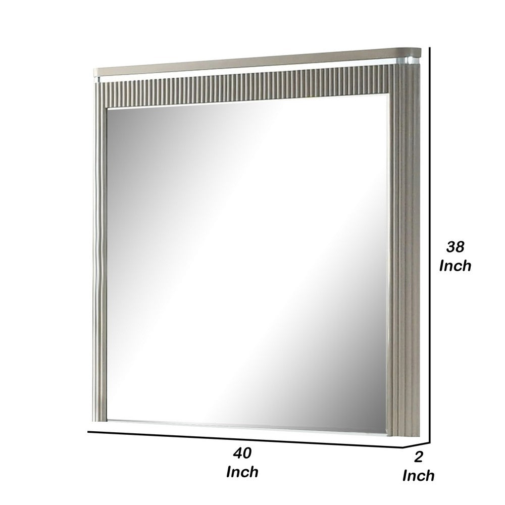 Gema Dresser Mirror, 38 Inch Light Gray Wood, Reeded Design, Silver Accents - BM339482