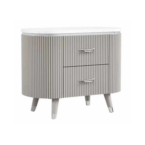 Gema Nightstand, 2 Drawers, Cultured Stone Top, Gray Wood, Silver Trim - BM339483