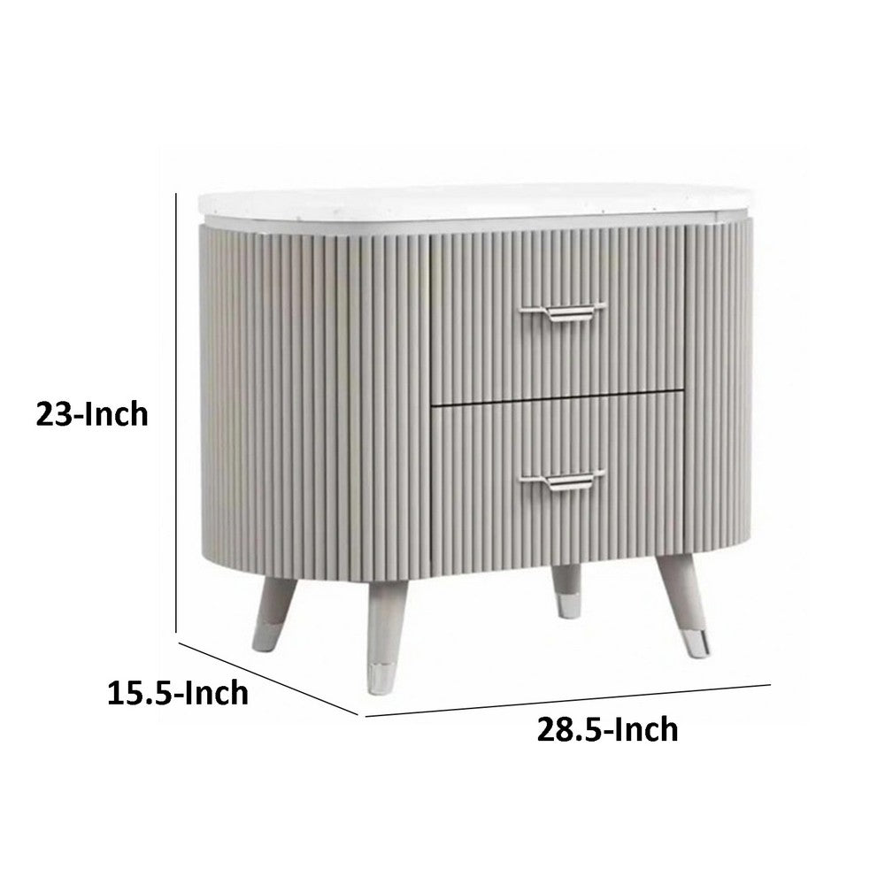 Gema Nightstand, 2 Drawers, Cultured Stone Top, Gray Wood, Silver Trim - BM339483