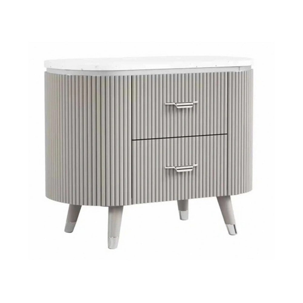 Gema Nightstand, 2 Drawers, Cultured Stone Top, Gray Wood, Silver Trim - BM339483