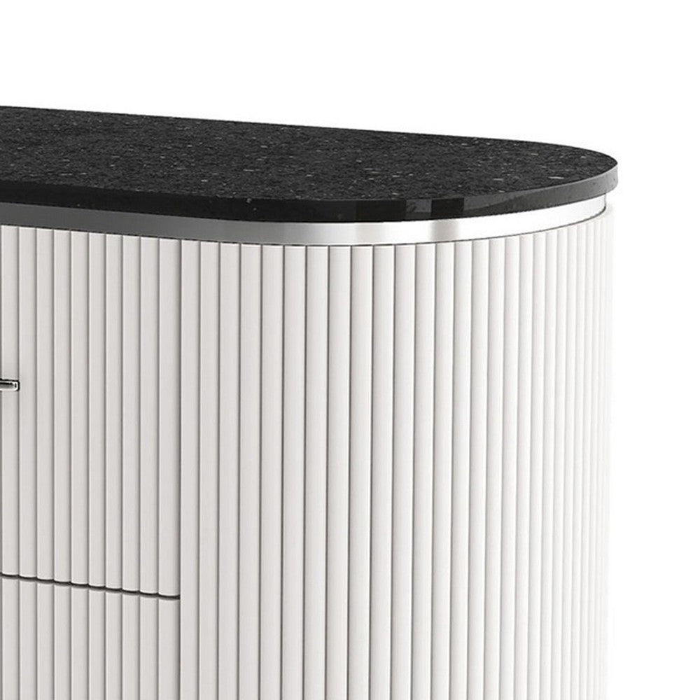 Alda Nightstand w 2 Drawers, Black Stone Top, Light Gray Wood, Silver - BM339485