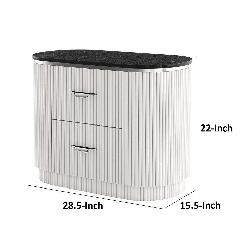 Alda Nightstand w 2 Drawers, Black Stone Top, Light Gray Wood, Silver - BM339485