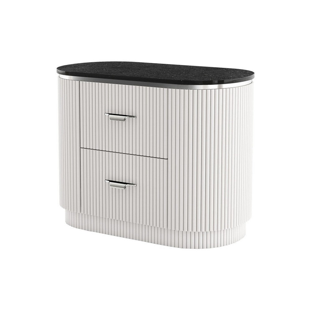 Alda Nightstand w 2 Drawers, Black Stone Top, Light Gray Wood, Silver - BM339485