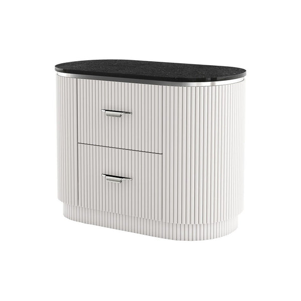 Alda Nightstand w 2 Drawers, Black Stone Top, Light Gray Wood, Silver - BM339485