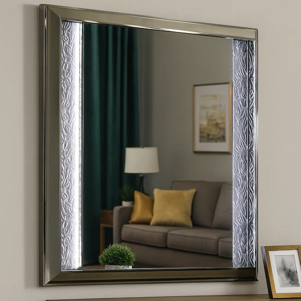 Levi Dresser Mirror, 38 Inch, Leaf Pattern Molding w LED, Dark Gray Wood - BM339487