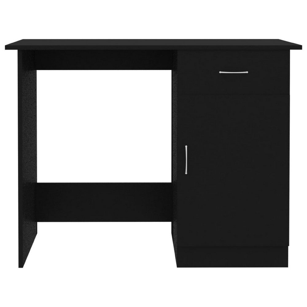 Ami Office Desk, 1 Drawer and Cabinet Door, Black Wood, Chrome Handle - BM339649