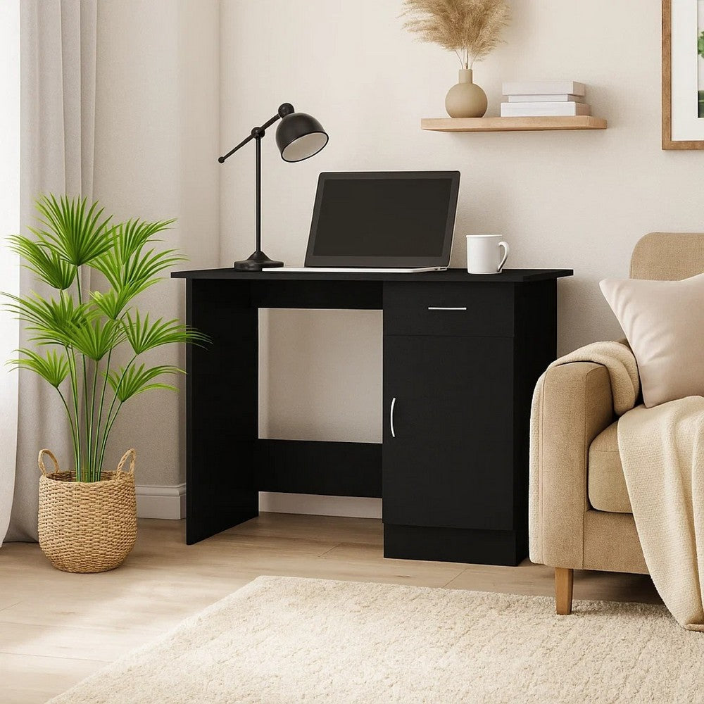 Ami Office Desk, 1 Drawer and Cabinet Door, Black Wood, Chrome Handle - BM339649