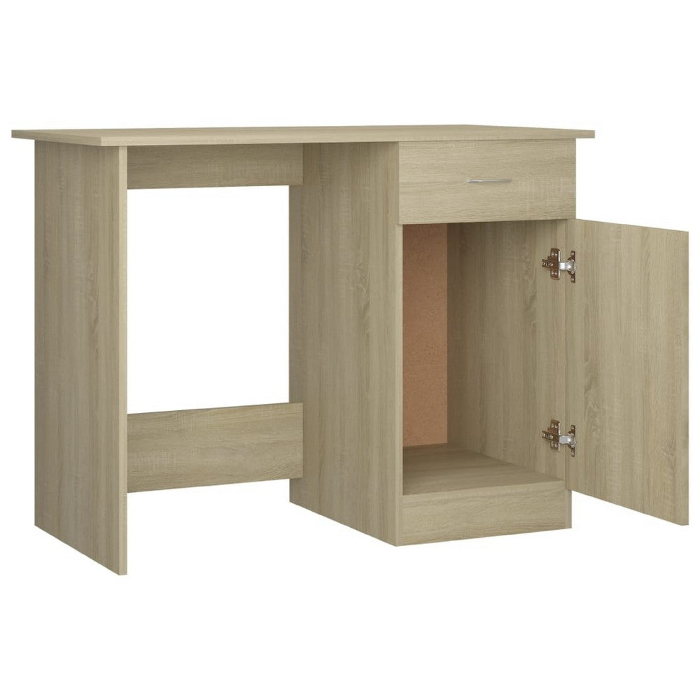 Ami Office Desk, 1 Drawer and Cabinet Door, Beige Wood, Chrome Handle - BM339650