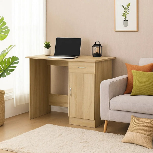 Ami Office Desk, 1 Drawer and Cabinet Door, Beige Wood, Chrome Handle - BM339650