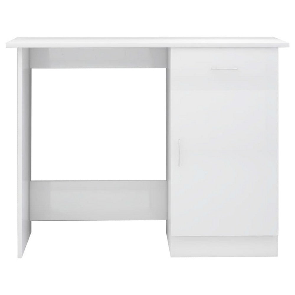 Ami Office Desk, 1 Drawer, 1 Cabinet, Glossy White Wood, Chrome Handle - BM339652