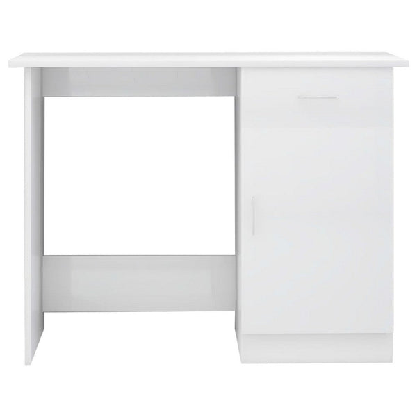 Ami Office Desk, 1 Drawer, 1 Cabinet, Glossy White Wood, Chrome Handle - BM339652