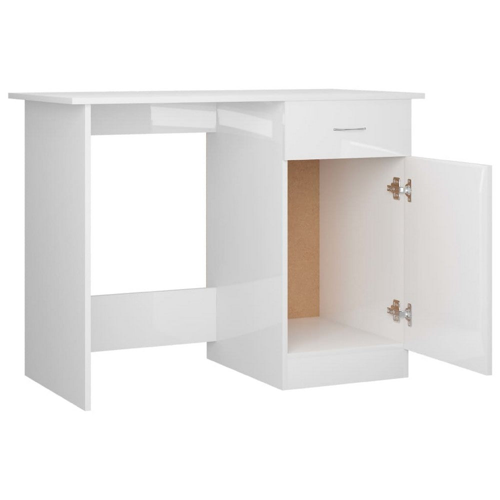 Ami Office Desk, 1 Drawer, 1 Cabinet, Glossy White Wood, Chrome Handle - BM339652