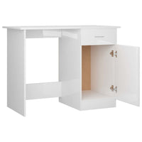 Ami Office Desk, 1 Drawer, 1 Cabinet, Glossy White Wood, Chrome Handle - BM339652