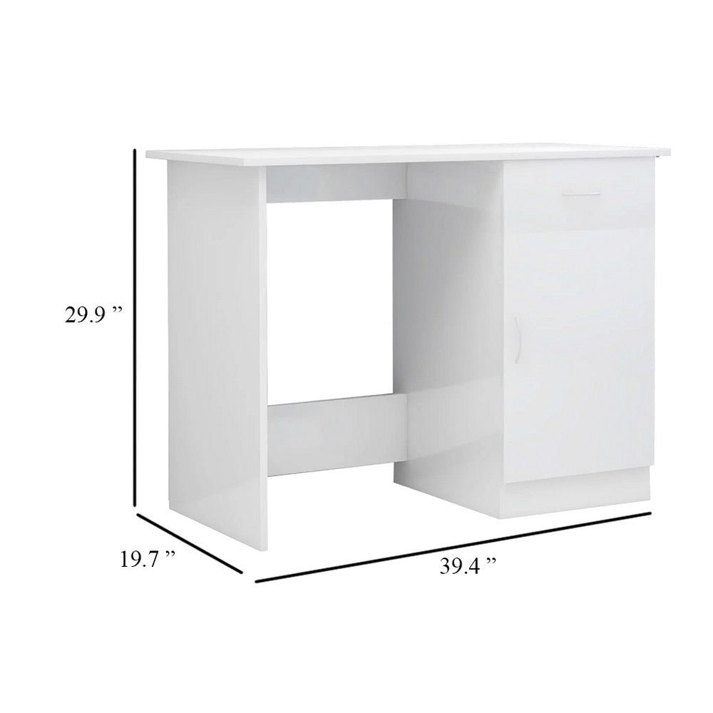 Ami Office Desk, 1 Drawer, 1 Cabinet, Glossy White Wood, Chrome Handle - BM339652