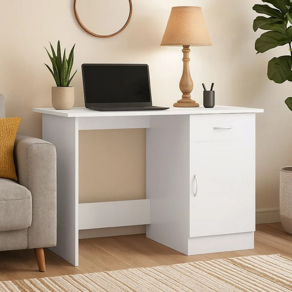 Ami Office Desk, 1 Drawer, 1 Cabinet, Glossy White Wood, Chrome Handle - BM339652