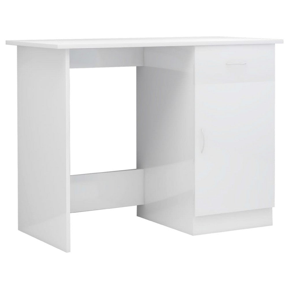 Ami Office Desk, 1 Drawer, 1 Cabinet, Glossy White Wood, Chrome Handle - BM339652