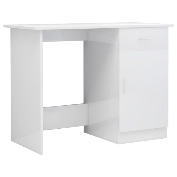 Ami Office Desk, 1 Drawer, 1 Cabinet, Glossy White Wood, Chrome Handle - BM339652