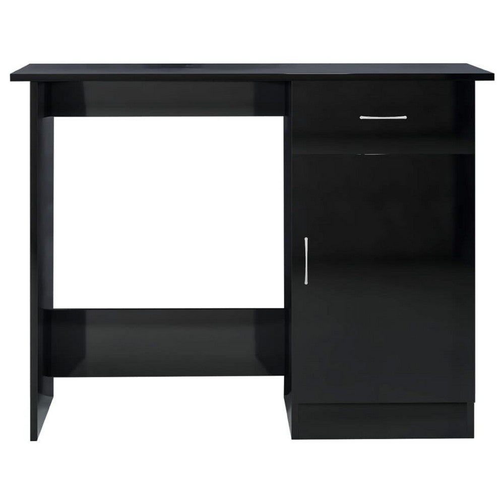 Ami Office Desk, 1 Drawer, 1 Cabinet, Glossy Black Wood, Chrome Handle - BM339653