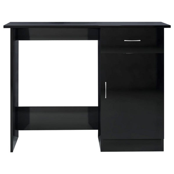 Ami Office Desk, 1 Drawer, 1 Cabinet, Glossy Black Wood, Chrome Handle - BM339653