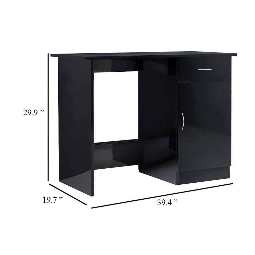 Ami Office Desk, 1 Drawer, 1 Cabinet, Glossy Black Wood, Chrome Handle - BM339653